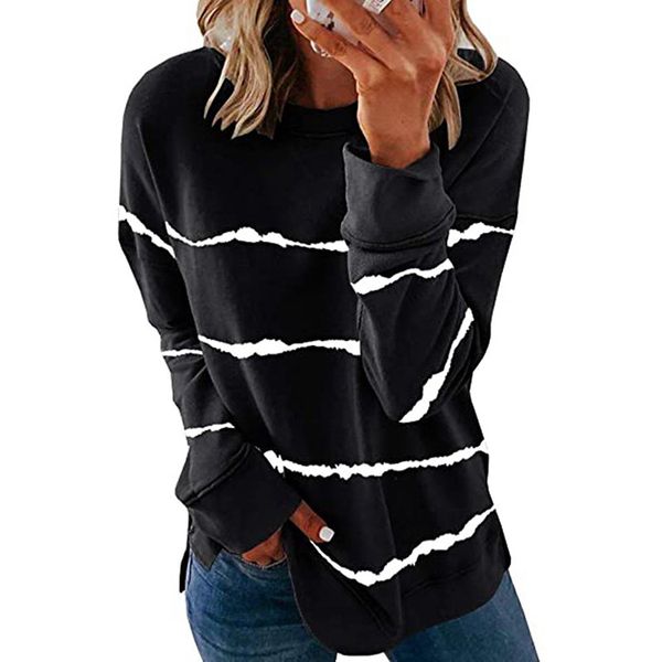 

ladies sweatshirts loose striped hoodies round neck split-neck outerwear autumn and winter casual oversized clothing 005, Black