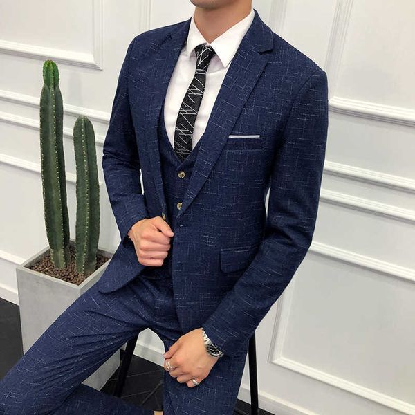 

men's suits & blazers 3 pieces wedding for man jackets+pants+vest men good quality blue plaid male formal wear 4xl xd1p, White;black