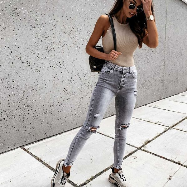 

jeans 2021 wash fashion pierced slim, Blue