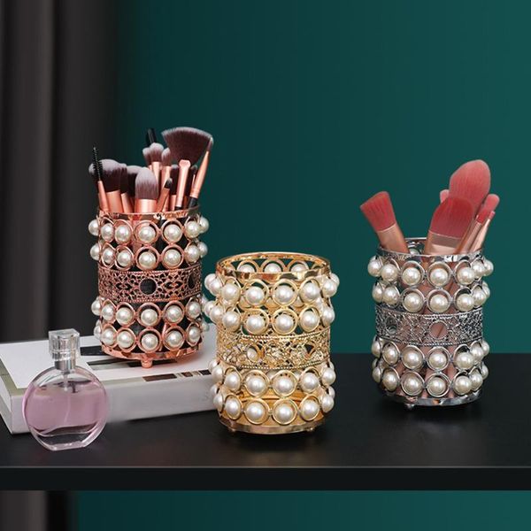 

storage boxes & bins crystal makeup brush holder pearl cosmetic box metal european-style eyebrow pencil lipstick large-capacity tool