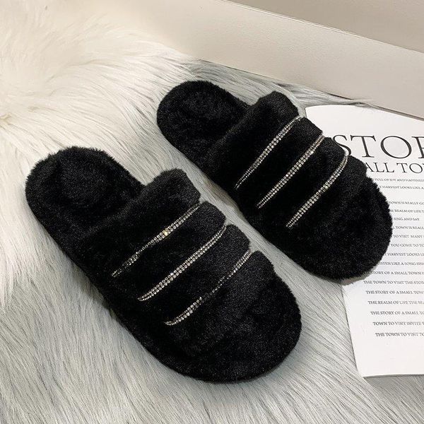 

winter furry slippers women's rhinestone decor fluffy warm slipper crystal soft ladies shoes woman female shoe, Black