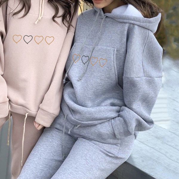

women's tracksuit suit fleece heart print oversized hoodie pants set tracksuits autumn female sport drawstring suits 210524, White