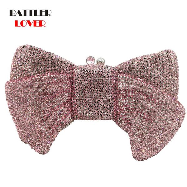 

shoulder bags bow shape diamonds evening for women 2021 hard case metal rhinestone handbags female wedding party dinner purses