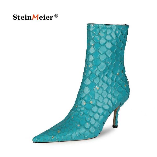

women ankle boots thin heels pointed toe fish scales pattern blue red black beige party shoes