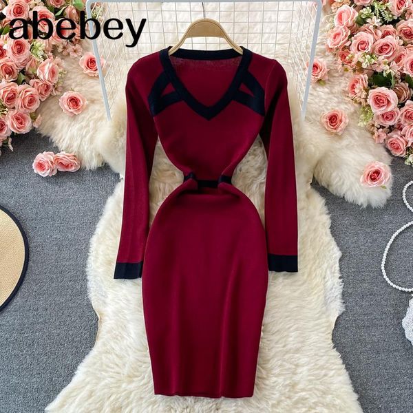 

casual dresses 2021 spring autumn fashion v-neck long sleeve knitted dress hit color patchwork high waist pleated mid-long wrap, Black;gray