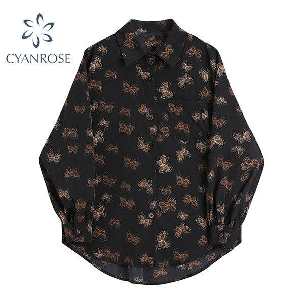 

blouses women casual streetwear butterfly print black shirt femme spring long sleeve vintage oversized elegant chic 210430, White
