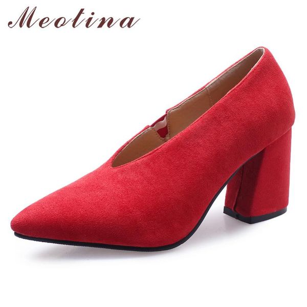 

dress shoes meotina high heels women fashion thick glove quality pointed toe party pumps lady red plus size 3-12, Black