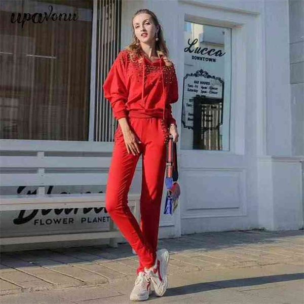 

autumn women's sportswear set long sleeve orange hoodie sweater & elastic pants two-piece casual 210524, White