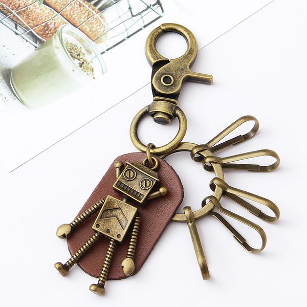 

10pcLeather Keychain Bronze Antient Stainless Steel Metal Robot Pendant Keyring Car Men Women Bag Jewelry Accessories
