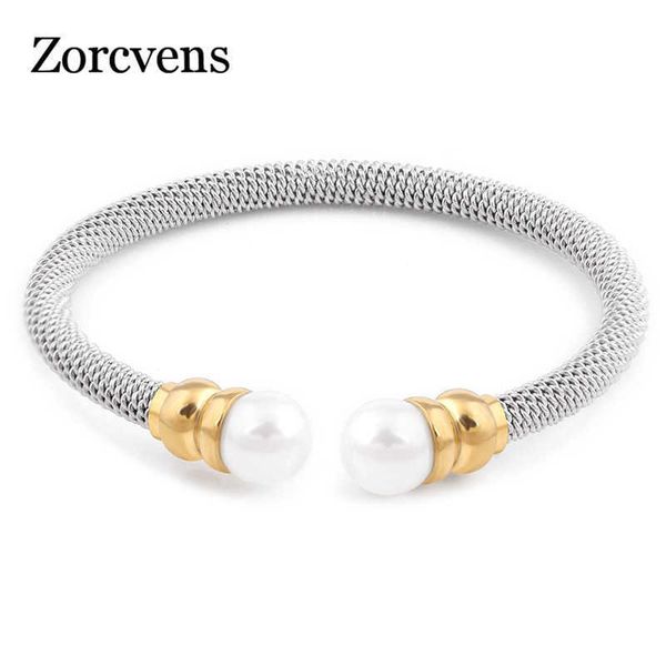 

zorcvens fashion imitated pearl bracelets& bangles for women gold color stainless steel luxury bangles for women q0719, Black