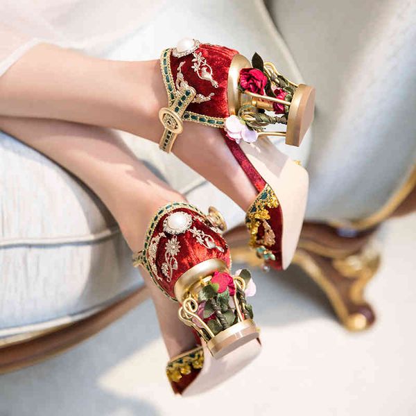 

dress shoes retro birdcage flower heels banquet red black blue velvet square string bead wedding ankle strap 6k5i