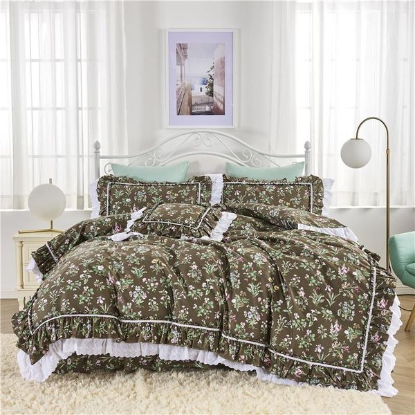 

bedding sets pastoral princess lace ruffles coffee floral embroidery skirt set pure cotton ropa de cama pillow sham duvet cover