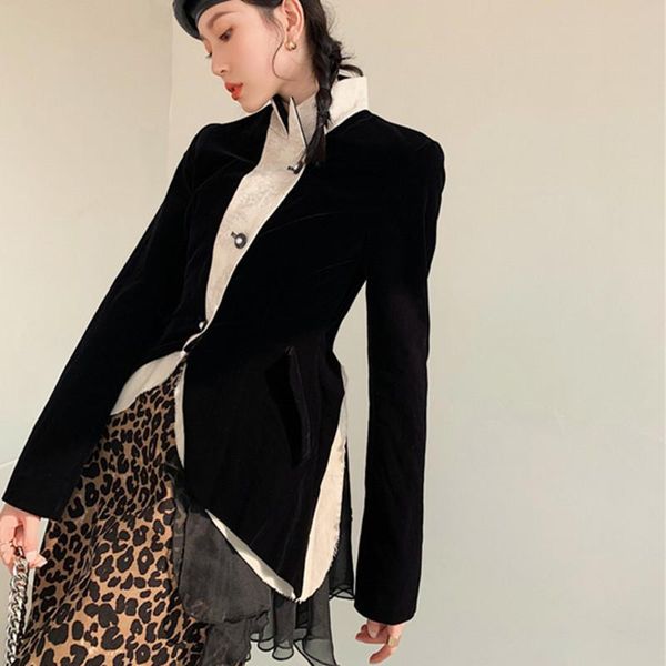 

women's suits & blazers color contrast velvet notched collar long sleeve suit jacket female spring autumn 2021 casual net yarn patchwor, White;black