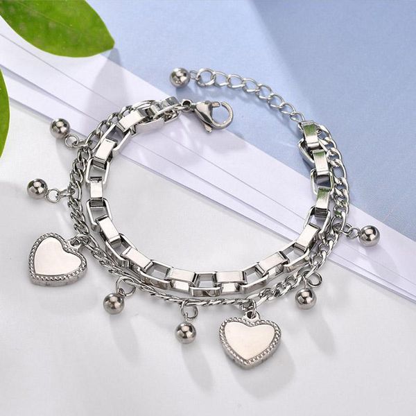 

link, chain stainless steel heart pendant bracelet gold color multilayer extension bead personality jewelry, Black