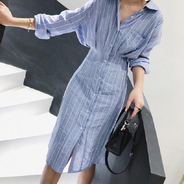 

korean style 2021 autumn dress slim waist striped shirt long sleeve casual work ladies elegant midi vestidos jurken dresses, Black;gray
