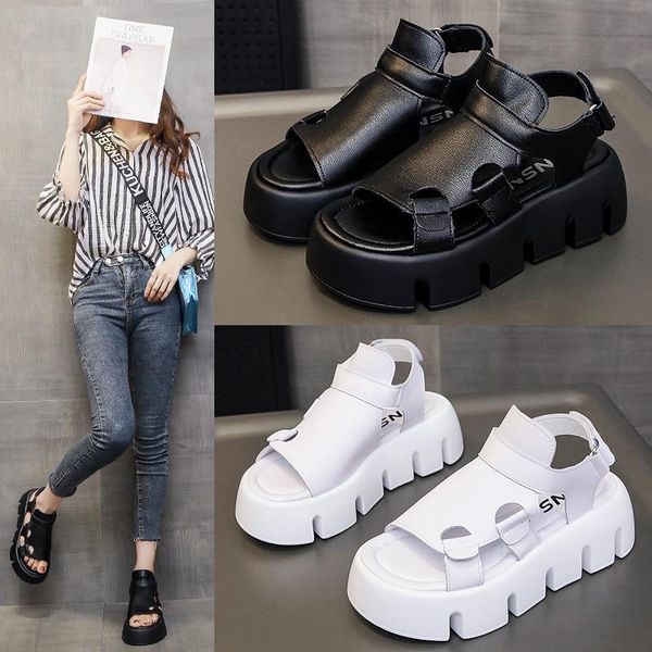 

sandals summer light women's fashion platform heighten non slip wear resistant solid color leather, Black