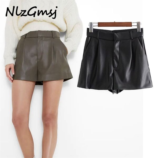 

short pleated high waisted faux leather a-line spring ladies vintage short pants 210628, White;black