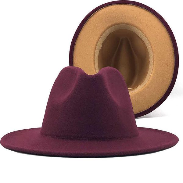 

wide brim hats wine drop outer red inner camel wool felt jazz fedora with thin belt buckle men women panama trilby cap 56-60cm, Blue;gray