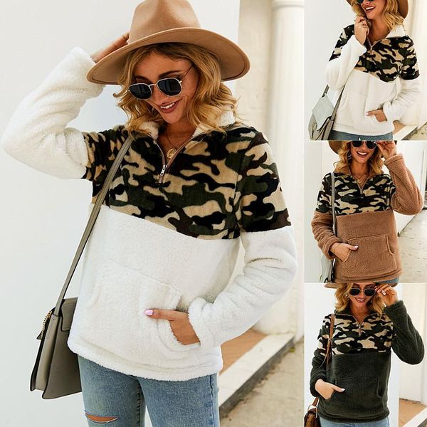 

women's hoodies & sweatshirts women fleece sweatshirt winter casual faux fur leopard patchwork fluffly female warm turtleneck zipper th, Black