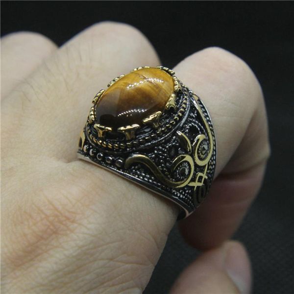 

wedding rings cfbulongs men ring vintage brown amber stone titanium steel and women waterproof jewelry engagement, Slivery;golden