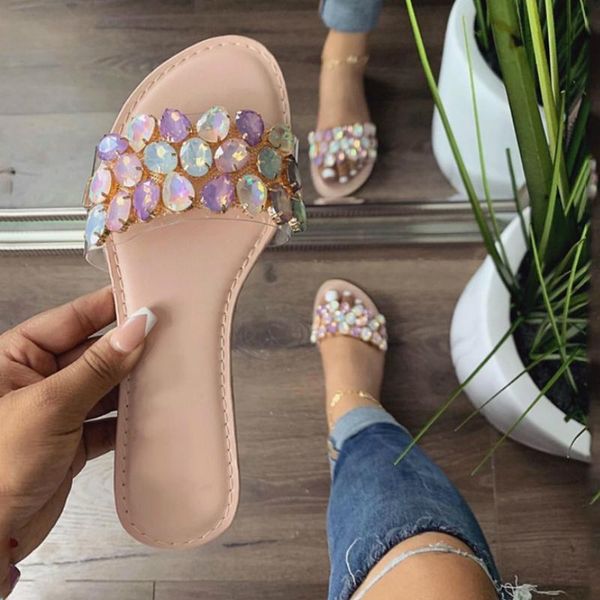 

luxury designer big multi rhinestone women slippers flat transparent pvc upper open toe house indoor slides fashion shoes ladies, Black