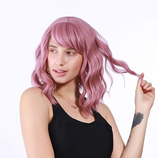 

pastel wavy wig with air bangs short bob pink wig curly wavy shoulder length pastel synthetic cosplay wig for girl colorful wigsfactory dire, Black