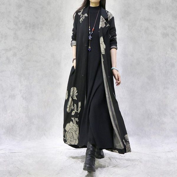 

women's trench coats women 2021 autumn winter retro slim-type coat long ladies turn-down collar button print casual, Tan;black
