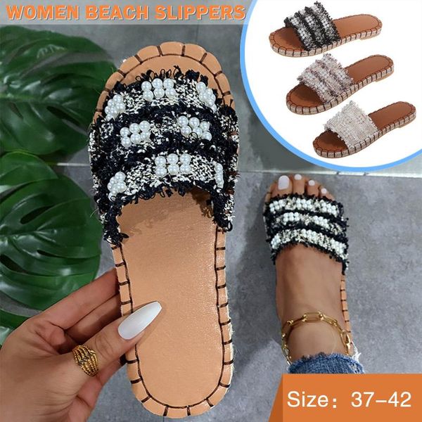 

slippers women summer slides embroider flat with slip-on pearl beach open toe breathable shoes fashion ladies, Black