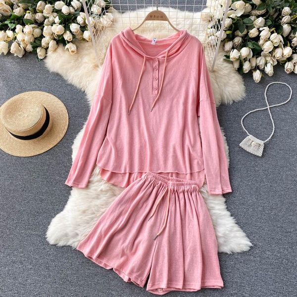 

women's tracksuits early autumn suit korean casual solid color long-sleeved shirt with hood collar+wide-leg shorts female sets e002, Gray