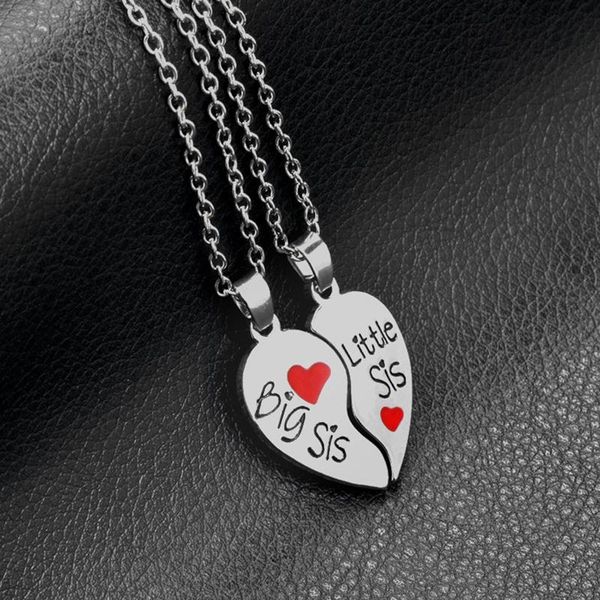 

pendant necklaces 2 pc/set big sis lil sister little alloy red heart stitching good sisters necklace for women, Silver