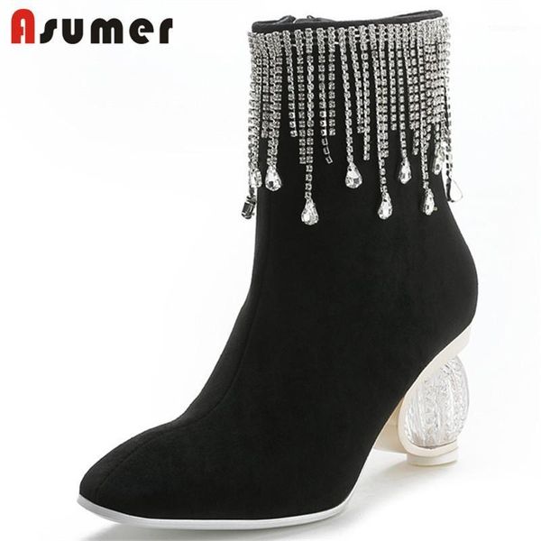 

boots asumer 2021 fashion ankle women flock crystal tassel unique high heels party wedding shoes woman autumn winter1, Black