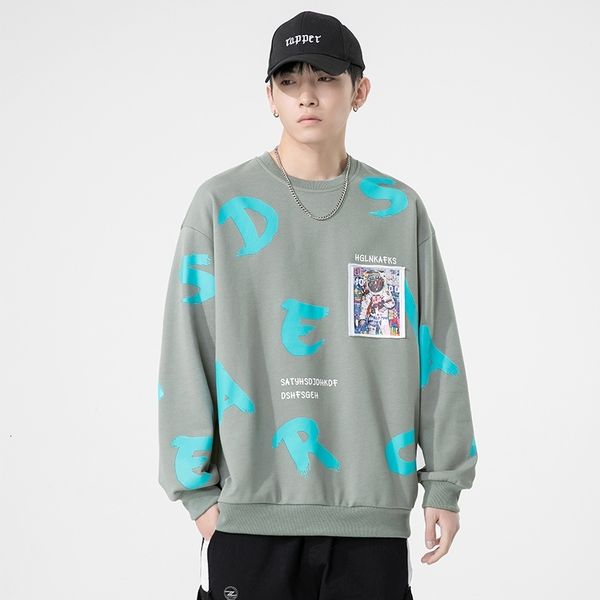 

men's long sleeved sweater 2021 autumn and winter new korean chao brand men's loose print round neck couple's coat, Black
