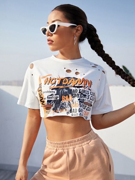 

slogan graphic ripped detail super crop q4gp#, White