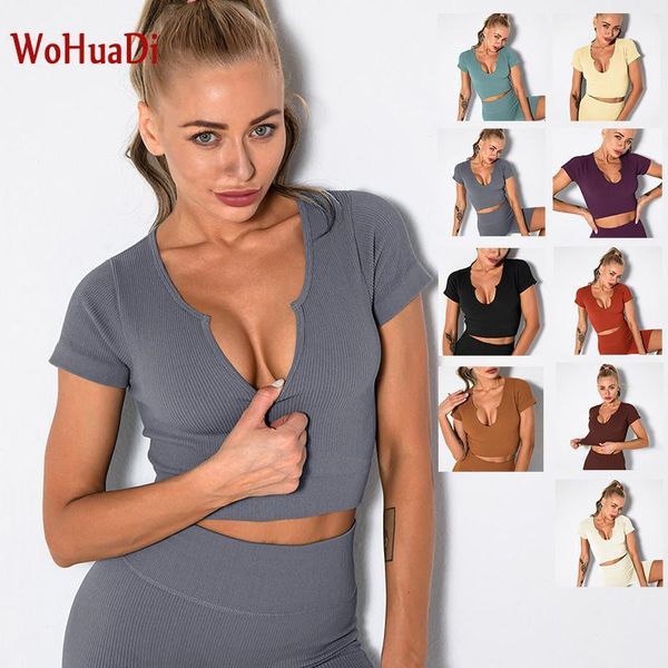 

yoga outfit wohuadi sportswear women fitness gym sports short sleeve cropped running workout t-shirts wear