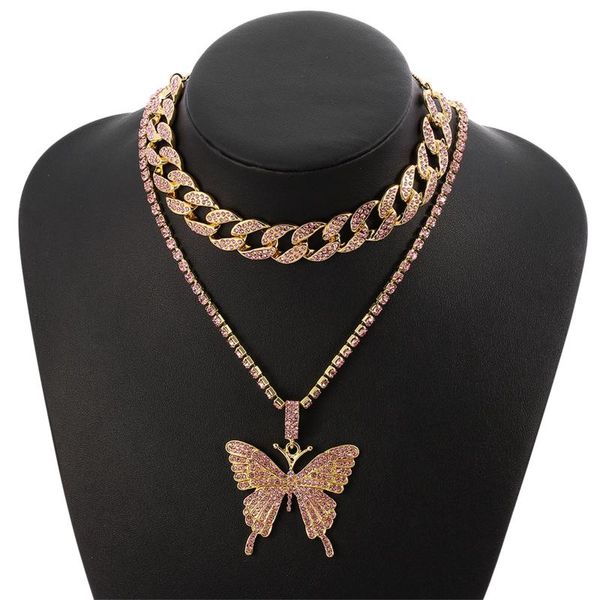 

chokers retro and elegant unique collection butterfly cuban chain double necklace lady gift shiny pendant jewelry gif, Golden;silver