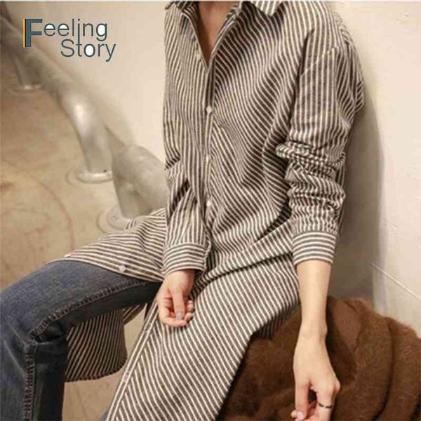 

long sleeve striped blouses shirts cotton linen plus size korean women spring loose collar shirt dress side split irregular 210603, White