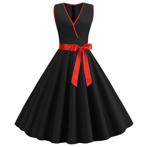 

casual dresses retro women solid color v neck sleeveless bow sash pleated big swing party dress polyester spandex above knee, Black;gray