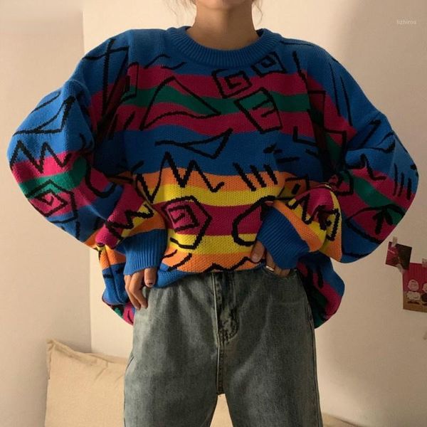 

women's sweaters retro crazy style loose pull femme graffiti lover rainbow striped knit sweater o neck long sleeve patch pulllover, White;black