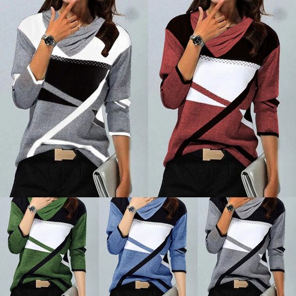 

geometric pattern long sleeve round neck blue sweater, White