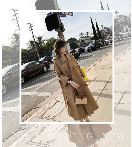

women's trench coats khaki windbreaker autumn 2021 arrivals trumpet sleeve mid-length over the knee loose tie coat double breasted jack, Tan;black