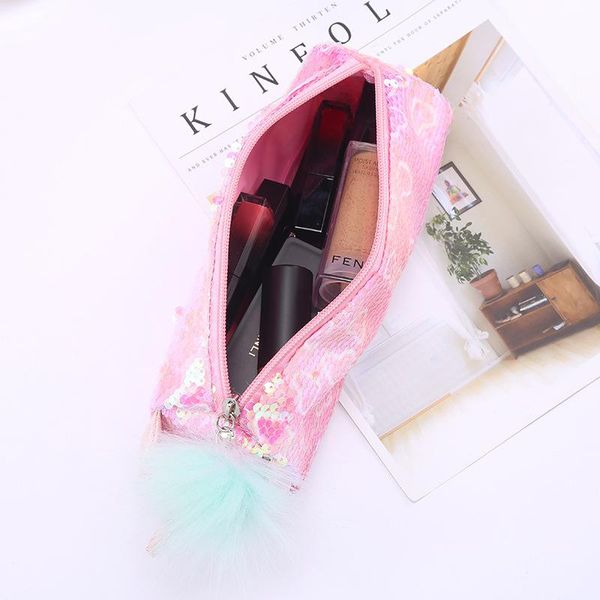 

storage bags glitter cosmetic bag cute animal sequin pencil case holder with big pompom zip closure for women