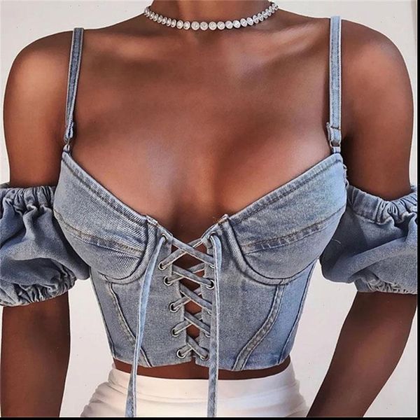 

strap women shirt denim jeans crop casual blusas mujer de moda summer lace up puff sleeve, White