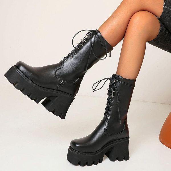 

boots 2021 winter motorcycle women pu leather lace up mid calf platform zipper thick high heel autumn lady black