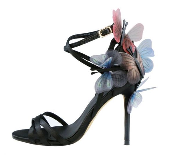 

arrival luxury satin straps embroidery design butterfly high heel sandals women, Black