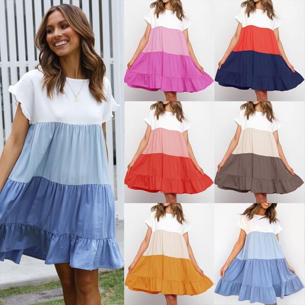 

summer holiday mini women dresses o neck short sleeve color patchwork ruffles basic beach vestido sundress streetwear, Black;gray
