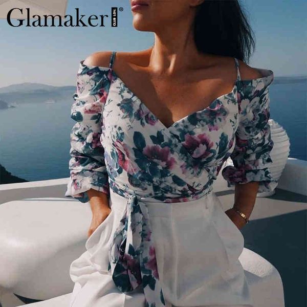 

glamaker cold shoulder floral print women blouse shirt summer long sleeve elegant blouse female lace up blue beach shirt 210414, White
