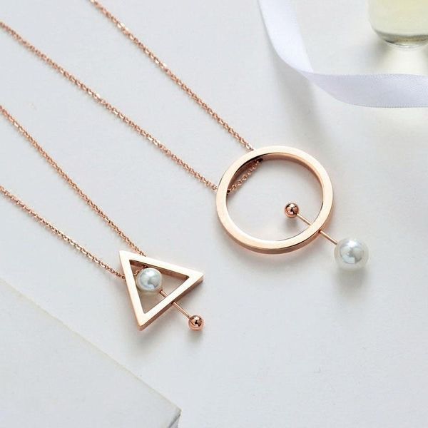 

pendant necklaces yun ruo brand jewelry rose gold triangle round pearl necklace 72 cm fashion 316 l stainless steel for woman never fade, Silver