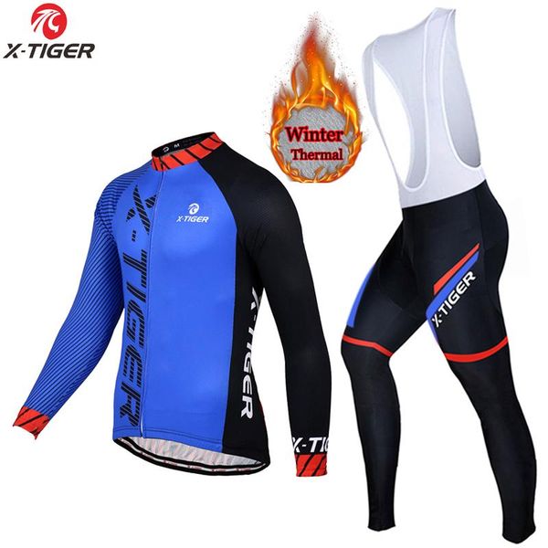 

racing sets x-tiger long sleeves cycling jerseys set 2021 winter thermal fleece bicycle mtb bike clothing ropa mans, Black;blue