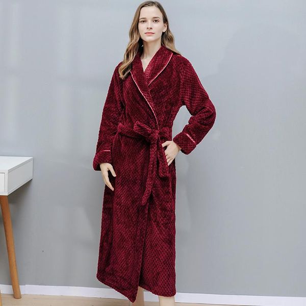 

autumn winter long flannel nightgown for women thick solid bathobe v neck sleeve with sashes loose female sleepwear women's, Black;red