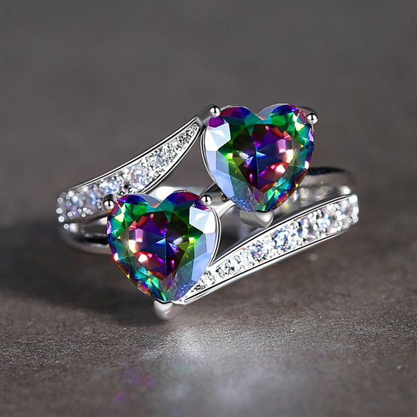 

fashion lover solitaire rings jewelry heart cut rainbow & white z gemstone silver ring size 6 7 8 9 10, Golden;silver